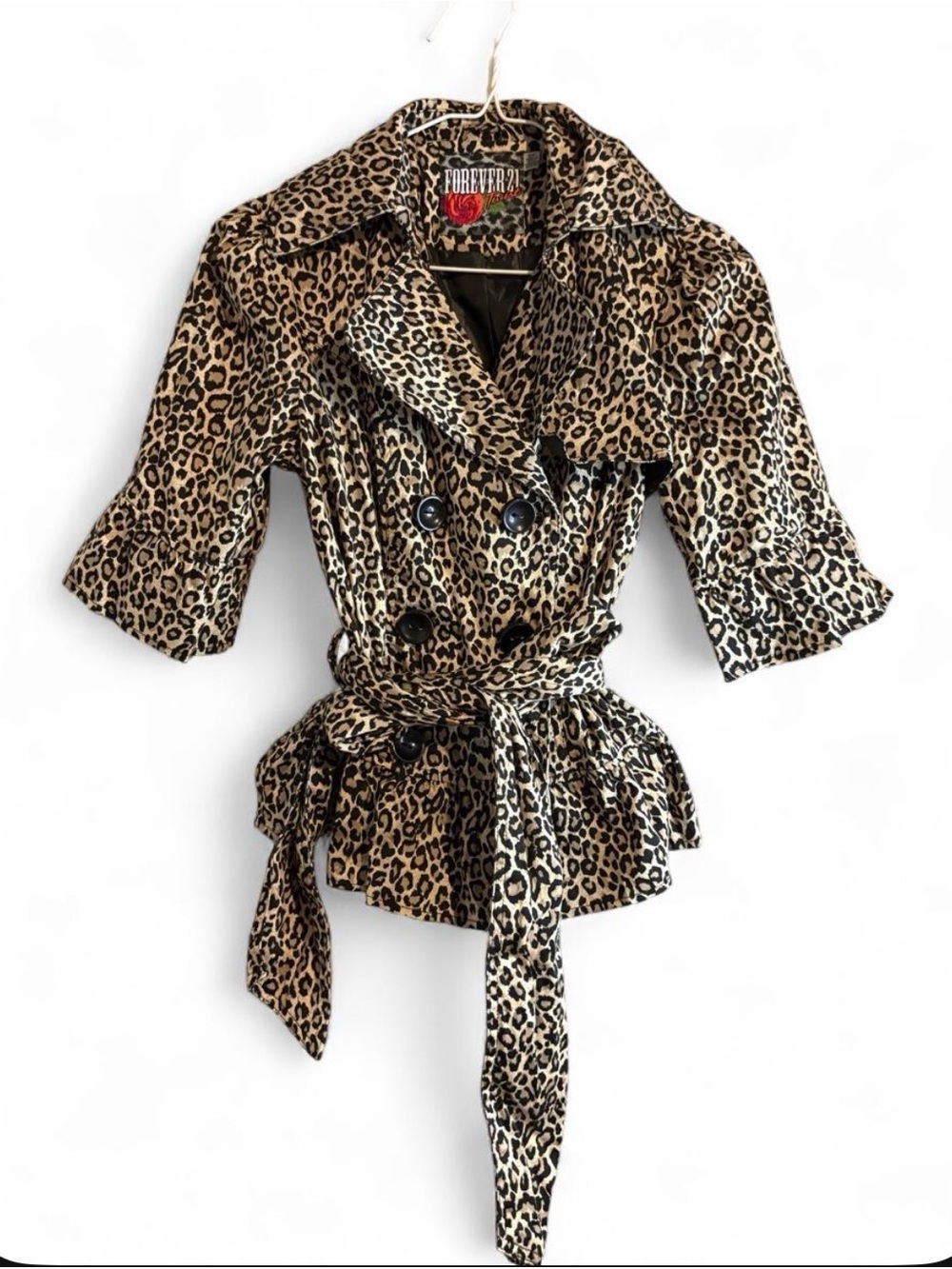 Forever 21 Leopard Print Belted Peplum Trench Coat - Brown/Black